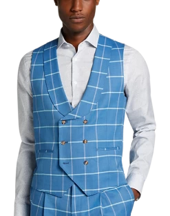 Tayion Classic Fit Suit Separates Double Breasted Vest, Blue & Cream Windowpane Plaid