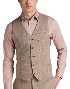 Paisley & Gray Slim Fit Suit Separates Vest, Tan And Gray Plaid