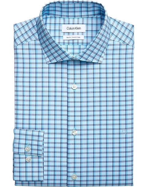 Calvin Klein Slim Fit Embroidered Logo Dress Shirt, Aqua Plaid 3 Calvin Klein Slim Fit Embroidered Logo Dress Shirt, Aqua Plaid
