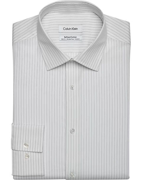 Calvin Klein Refined Cotton Stretch Supima Slim Fit Dress Shirt, Gray Stripe 3 Calvin Klein Refined Cotton Stretch Supima Slim Fit Dress Shirt, Gray Stripe
