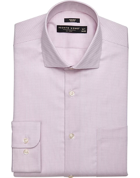 Pronto Uomo Slim Fit Spread Collar Dress Shirt, Pink Check 3 Pronto Uomo Slim Fit Spread Collar Dress Shirt, Pink Check