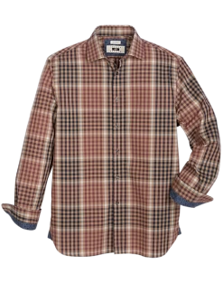 Joseph Abboud Modern Fit Spread Collar Sport Shirt, Navy And Tan Plaid