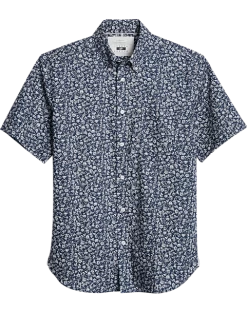 Joseph Abboud Modern Fit Short Sleeve Sport Shirt, Navy Fossil Leaf