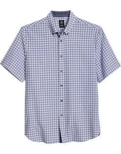 Michael Strahan Modern Fit 4-Way Stretch Short Sleeve Sport Shirt, Blue & White Check