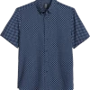 Michael Strahan Modern Fit 4-Way Stretch Short Sleeve Sport Shirt, Navy Square Check -Men Clothing Shop MW40 6N1D 01 MICHAEL STRAHAN NAVY MAIN