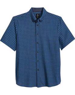 Michael Strahan Modern Fit 4-Way Stretch Short Sleeve Sport Shirt, Blue Check