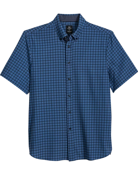 Michael Strahan Modern Fit 4-Way Stretch Short Sleeve Sport Shirt, Blue Check 3 Michael Strahan Modern Fit 4-Way Stretch Short Sleeve Sport Shirt, Blue Check