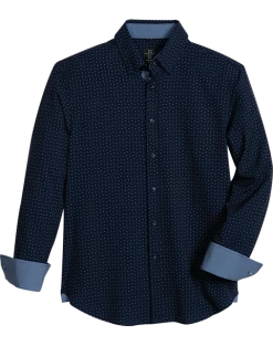 Michael Strahan Modern Fit Spread Collar Four-Way Stretch Sport Shirt, Navy Mini Triangle Dot
