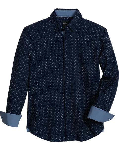 Michael Strahan Modern Fit Spread Collar Four-Way Stretch Sport Shirt, Navy Mini Triangle Dot 3 Michael Strahan Modern Fit Spread Collar Four-Way Stretch Sport Shirt, Navy Mini Triangle Dot