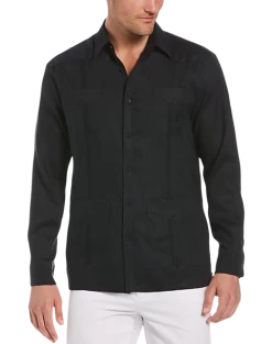 Cubavera Modern Fit Linen Guayabera Shirt, Black