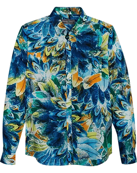 Paisley & Gray Slim Fit Button-Down Collar Sport Shirt, Blue And Yellow Feathers 3 Paisley & Gray Slim Fit Button-Down Collar Sport Shirt, Blue And Yellow Feathers