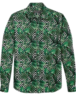 Paisley & Gray Slim Fit Spread Collar Sport Shirt, Green Italian Palm Print