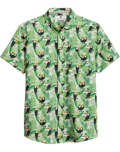 Report Collection Modern Fit Four-Way Stretch Short Sleeve Sport Shirt, Light Green Toucan Bird