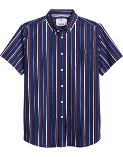Report Collection Modern Fit Four-Way Stretch Short Sleeve Sport Shirt, Navy Stripe