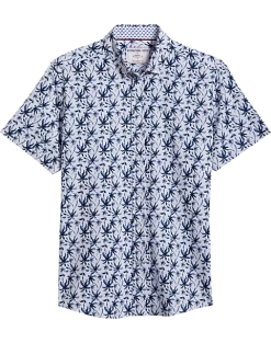 Report Collection Modern Fit Four-Way Stretch Short Sleeve Sport Shirt, Dark Blue Palm Tree