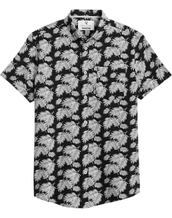 Report Collection Modern Fit Four-Way Stretch Short Sleeve Sport Shirt, Black Palm Leaf